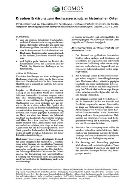Dresdner Erklärung zum Hochwasserschutz an historischen Orten (2014)